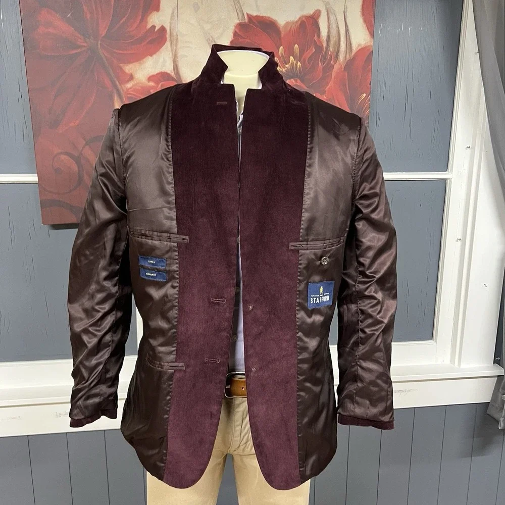 Stafford Corduroy Blazer Jacket Sport‎ Coat Mens 42R Slim Fit Stretch Burgundy